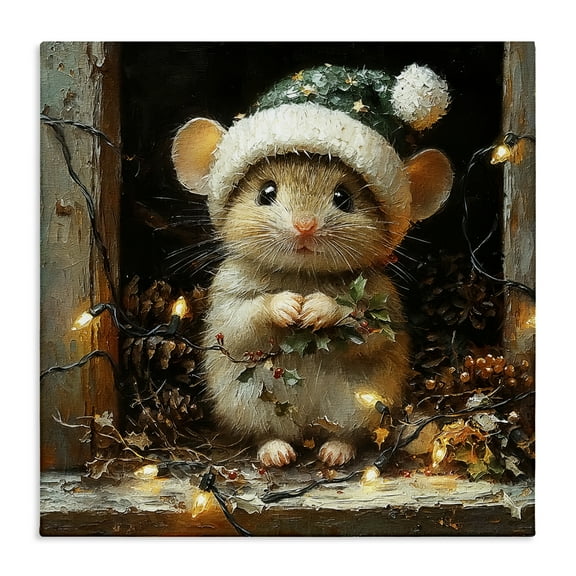 Stupell Industries Barn Mouse with Christmas Lights Animals Painting Wrapped Canvas Canvas Art Print Wall Art, 17 x 17