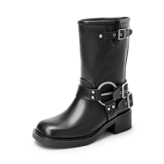Dream Pairs Women's Low Chunky Heel Mid Calf Boots Square Toe Motorcycle Buckle Riding Biker Boots