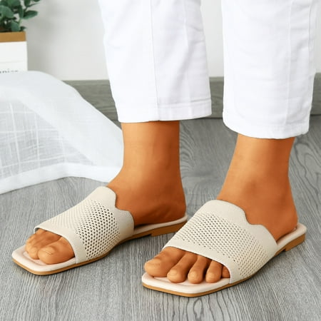 

PEASKJP Strappy Sandals for Women Summer Women Slippers Square Toe Slip On Open Toe Casual Slippers Casual Summer Shoes Beige 8