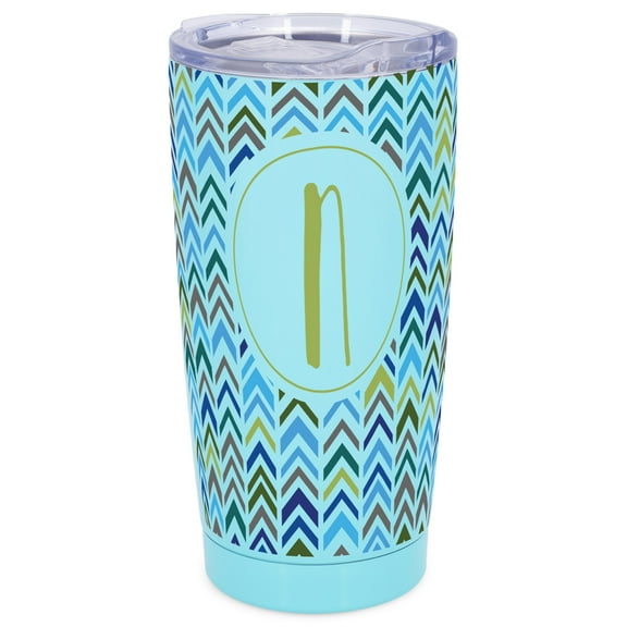 Elanze Designs N Monogram Herringbone Arrows Wrap-Around Design 20 Ounce Stainless Steel On-The-Go Coffee Mug, Thermal Travel Tumbler with Leak Resistant Slide Lid, Sky Blue