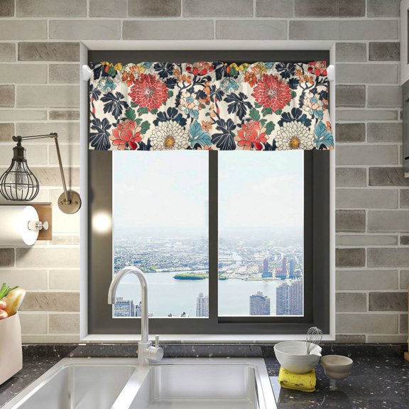 Yayeee Kitchen Valance Rod Pocket 54" x 18" Living Room Window Curtain, Red Flowers Pattern