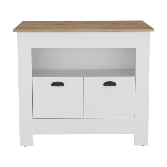 Cterwk Wood Top Kitchen Island with 2 Doors Cabinet and 3 Open Shelf, White   Brown