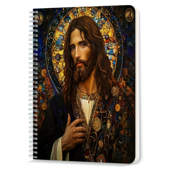 Spiral Notebook,Double-Wire Spiral College Lined Journal Notebook for Study and Notes,100 Pages,5.71x 8.26 in - Stained - glass and Realistic Style Jesus Portrait