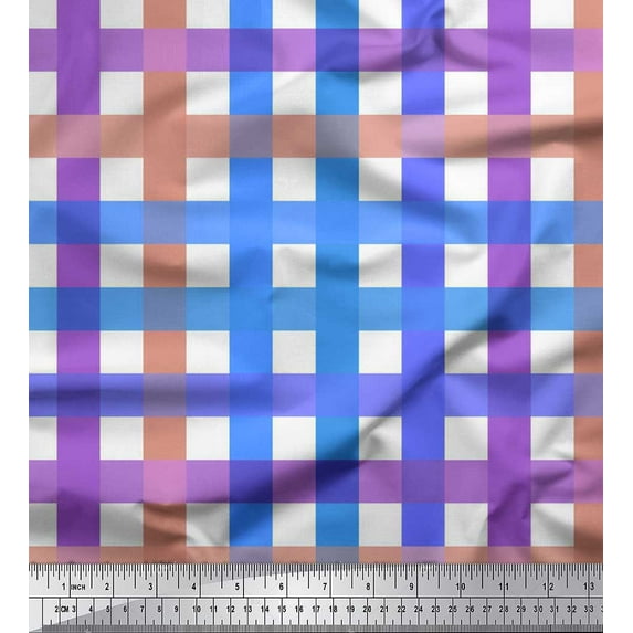 Soimoi Blue Satin Silk Fabric Plaid Check Print Fabric by Yard 42 Inch Wide