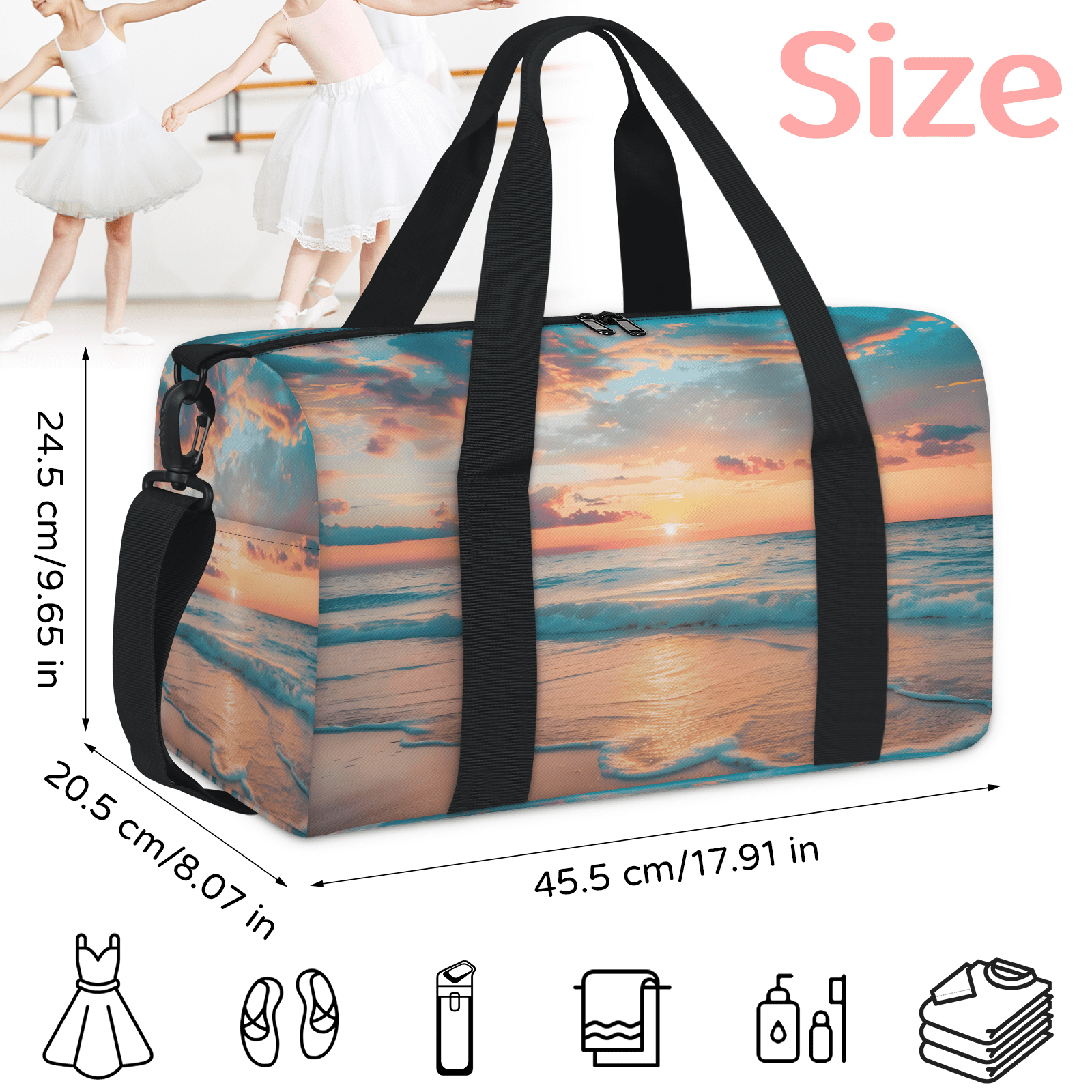 Herdesigns Ocean Beach Sunrise Sunset Gym Bag for Women, Duffle Bag for Travel Sport, Lightweight Waterproof Carry on Weekender Overnight Dance Yoga Workout Bags