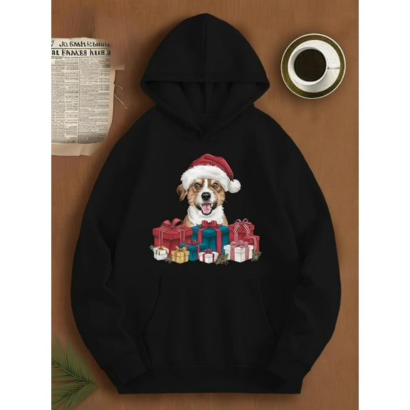 Men'S Christmas Jack Russell Terrier Dog Graphic Hooded Sweatshirt - Festive Santa Hat & Holiday Gifts Design, Casual Long Sleeve Pullover, All-Season Fit Hoodie for Casual Attire & Christmas Parties