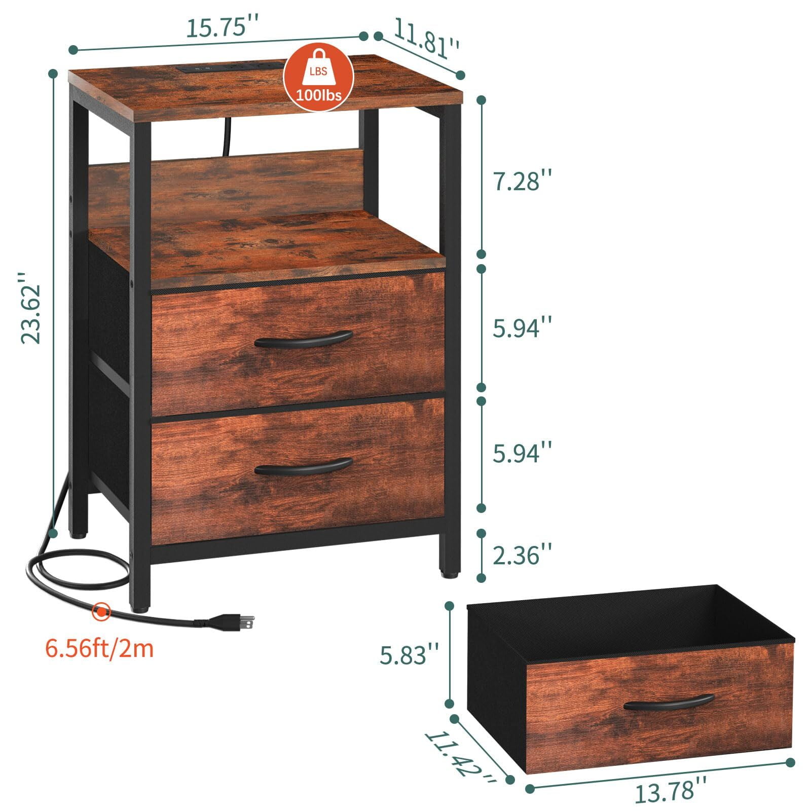 Nightstand with Charging Station, Small Night Stand Fabric Drawers and Storage Shelf for Bedrooms, Nightstands Spaces, Bedside Table USB Ports & Outlets, Brown