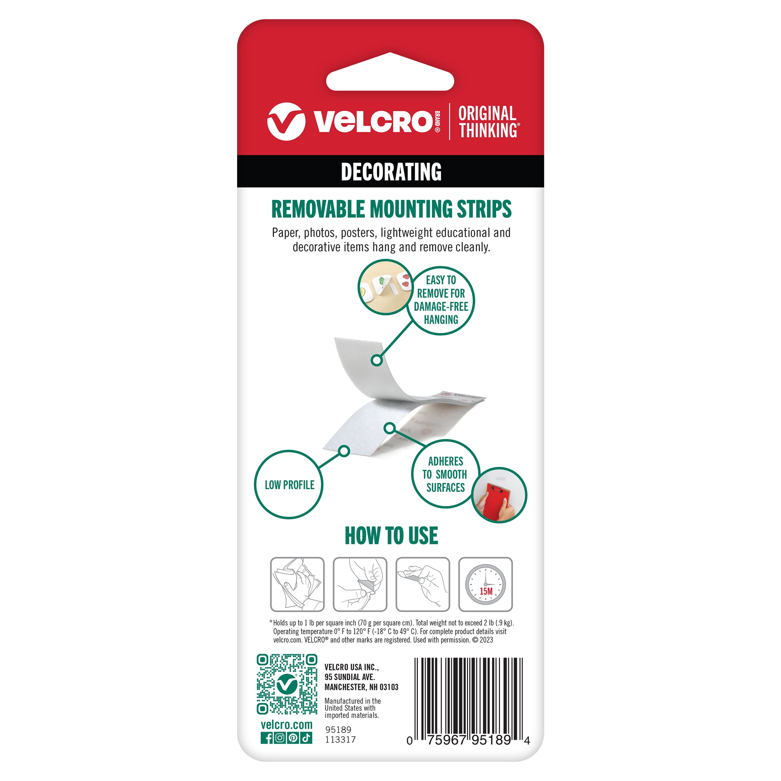 VELCRO Brand - Removable Mounting Strips, Damage-Free Decorating, 3 1/2" x 3/4", 4 per pack