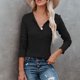 thumbnail image 4 of Blusa de mujer con cuello en V, manga larga, color puro, medio botón, blusa elegante y ajustada a la moda, negro L, 4 of 6