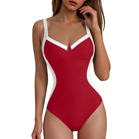 Ahabrexf Full Coverage Swimsuit for Women Color Blocked 1 Pc Bathing Suit