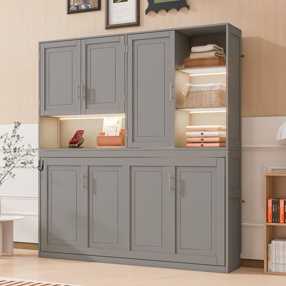 Twin Size Gray Murphy Bed with Cabinet & Shelves | Space Saving Foldable Bed with Light & USB Ports | Modern Bedroom & Living Room Furniture