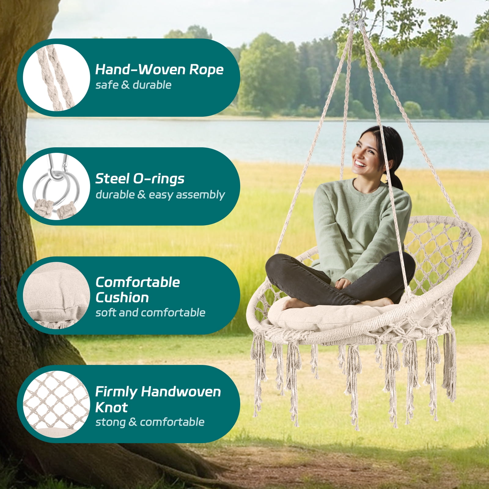 Hanging Cotton Kits Chair Rope Swing, Macrame Hammock - Hand-Woven Rope, Steel Spreader Bar Anti-Slip Rings, Cream White, Soft, Easy Assembly, Comfortable, for Home Patio