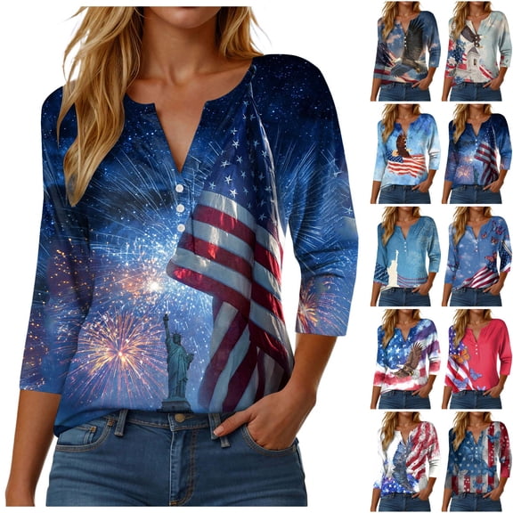 GEWSEY 2026 USA 250th Anniversary T Shirt Women – Patriotic American Flag V-Neck Top 3/4 Sleeve Independence Day Gift (Dark Blue, 3XL)
