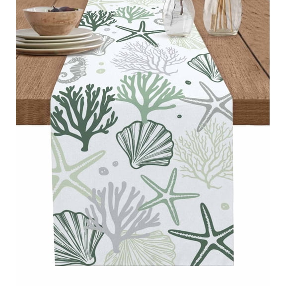 Table Runner 72 Inches Long for Kitchen Dining, Sage Green Coastal Dresser Scarf Farmhouse, Dining Table Decorations for Wedding/Parties, Summer Beach Coral Shell Ocean 13 x 72 In