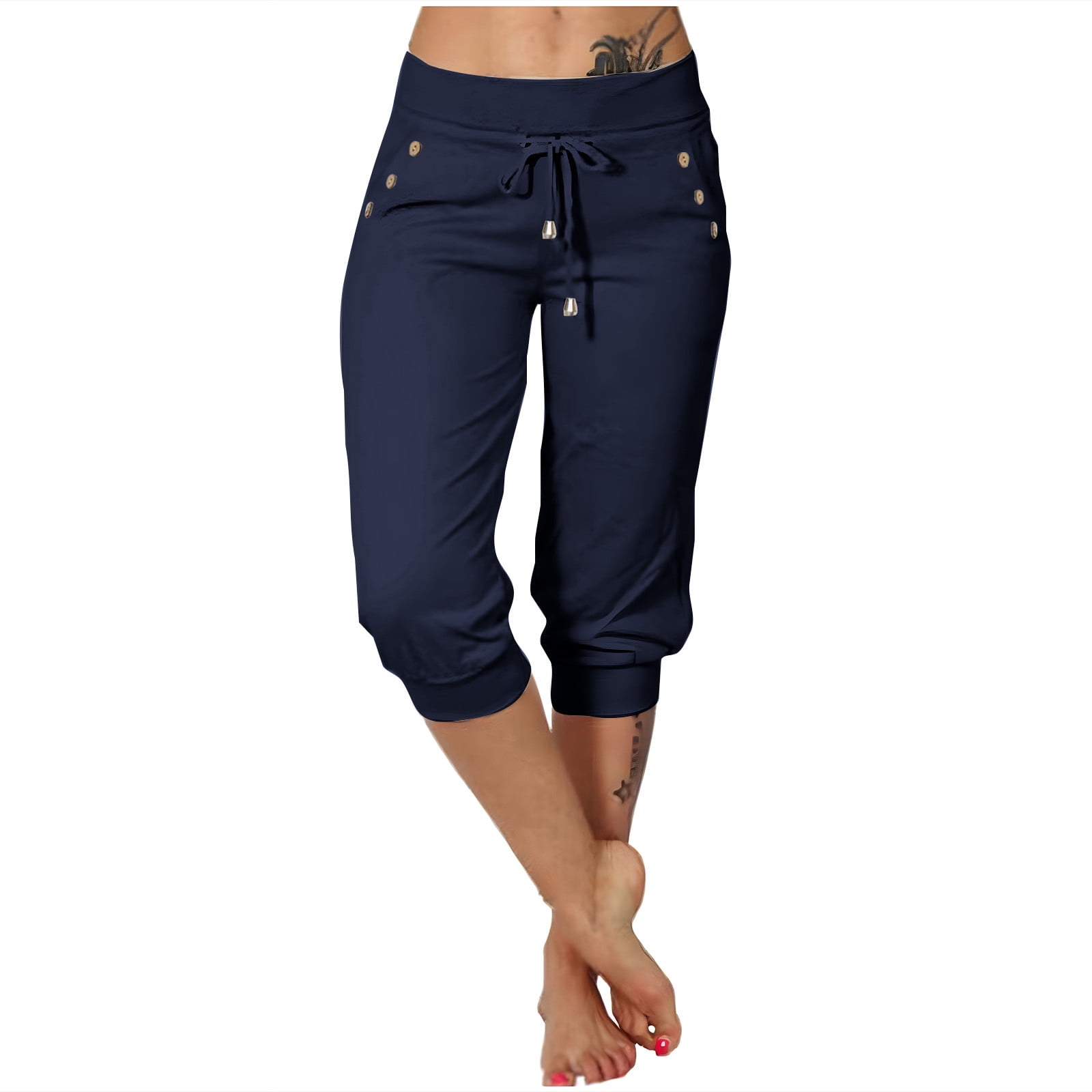 Women's High Waist Capri Pants - Drawstring Joggers, Stretch Casual Yoga Pants With Pockets For Summer