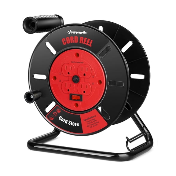 DEWENWILS Retractable Extension Cord Reel with 4-Grounded Outlets, 15A, Hand Wind , for Garden, Garage