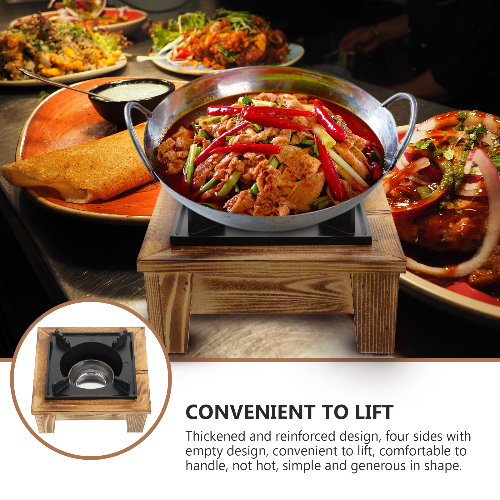 Masteelf Practical Black Synthetic Cooking Alcohol Stove for Kitchen Use with Pine Wood Frame and Design