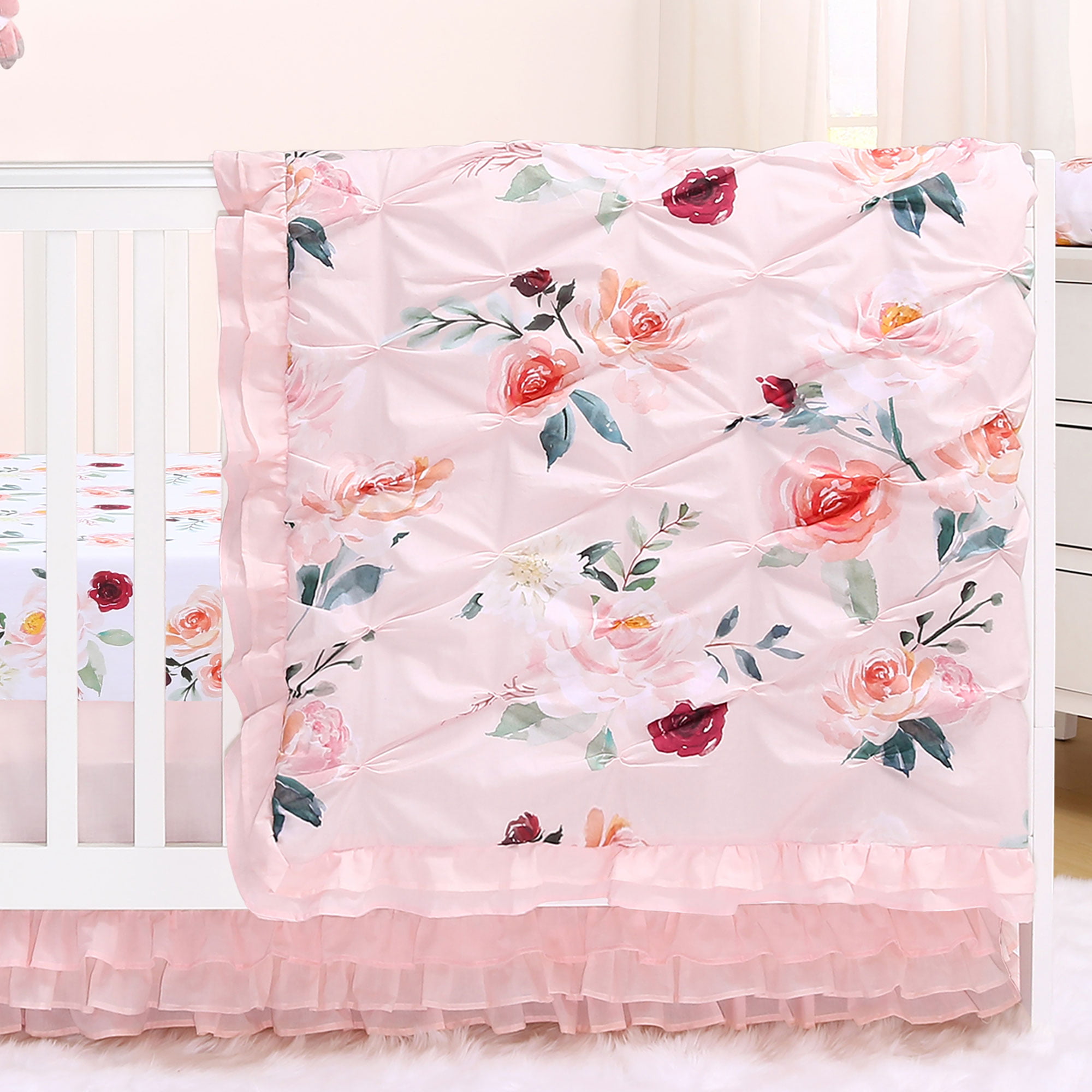 White Pink /& Black Crib Bedding Floral Baby Girl Crib Quilt Snowy Rose Ruffle Baby Blanket