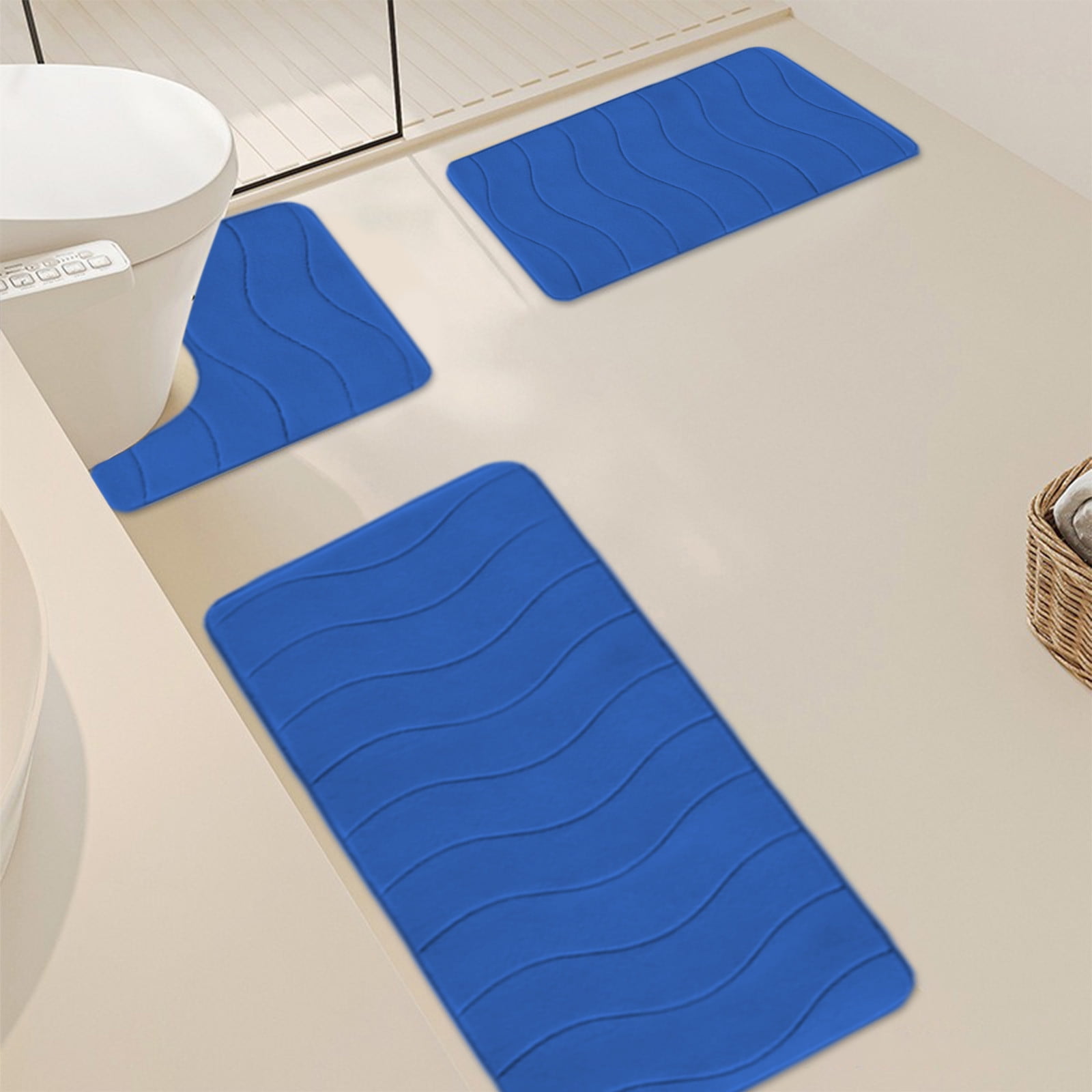 Hiroekza Solid Color Bathroom Rug Set 3 Piece Set - Non-Slip Absorbent Mats - Modern Polyester & Rubber Backing for Bathroom, Bedroom, Household Includes 2 Bathroom Rugs 1 U Shape Rugs Blue