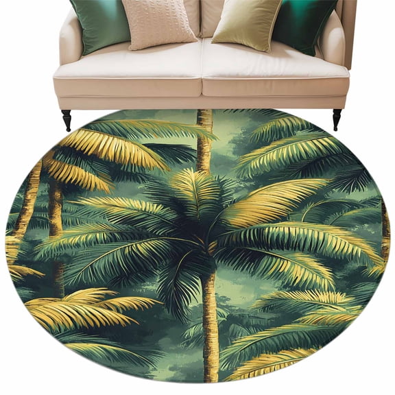 Summer Green Forest Round AreaRug 7ft Vintage Watercolor Palm Tree Non-SlipWashable Circle Rugs Soft Felt Indoor Floor Mat for Bedroom Kitchen Living Room Bathroom