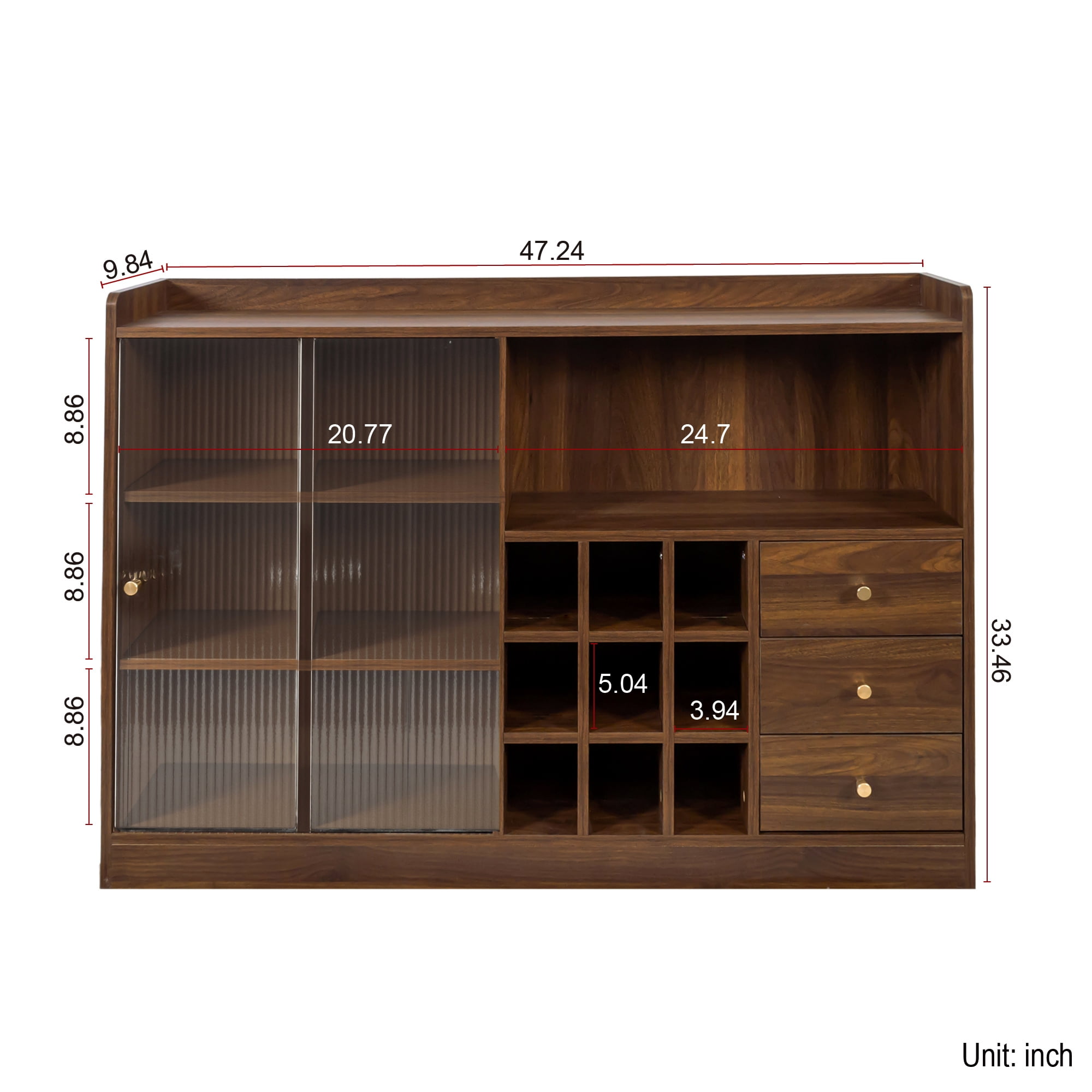 Storage Cabinet, Sideboard with 2 Sliding Glass Doors and Three Storage Tiers, for Dining Room Living Room Kitchen, Walnut Finish