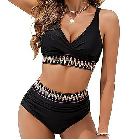 Puntoco Swimsuit for women 2025 Clearance Women 2 Piece Bikini Set 2025 Summer Color Block Trim Sporty Swimsuit Strap Bathing Suit Black S(S)