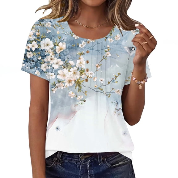 Roncen Short Sleeve Shirts for Women Pleated Crewneck Cute Blouses Dressy Casual Elegant Tops Loose peasant Summer T-Shirts