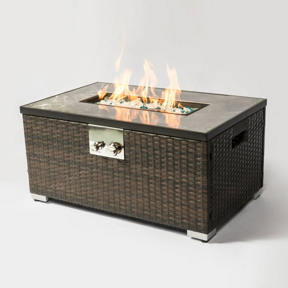 Outdoor Rattan Propane Fire Table with Tile Top - Gas Fire Pit for Patio and Garden