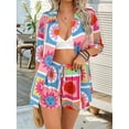 thumbnail image 4 of Women'S Soft Summer Floral Tropical Print V Neck Tee Short Sleeve Button Top Shorts 2 Piece Sets Checkered Flower M, 4 of 8