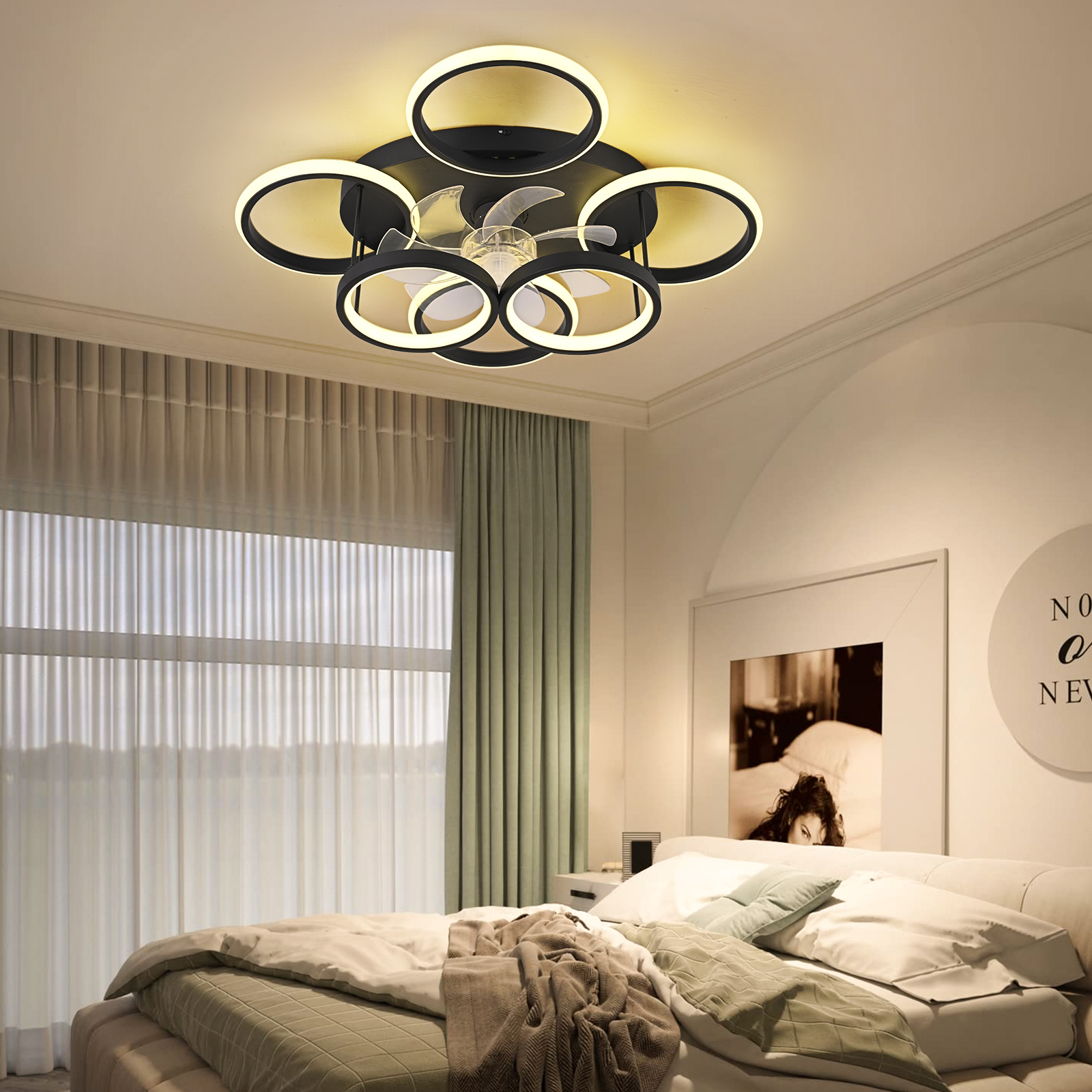 Garwarm Ceiling Fans with Lights, Modern Ceiling Fan with Lights Remote Control, Low Profile Ceiling Fan, 6 Speed Dimmable LED Ceiling Lamp for Bedroom, Kitchen, Black