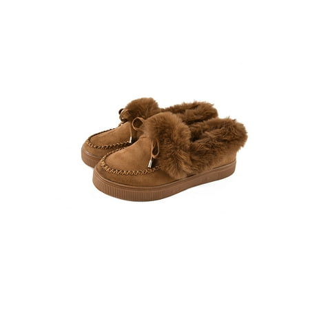 

Woobling Women s Winter Bowknot Moccasin Slippers Warm Snow Boot Casual Loafer Flats Platform Shoes