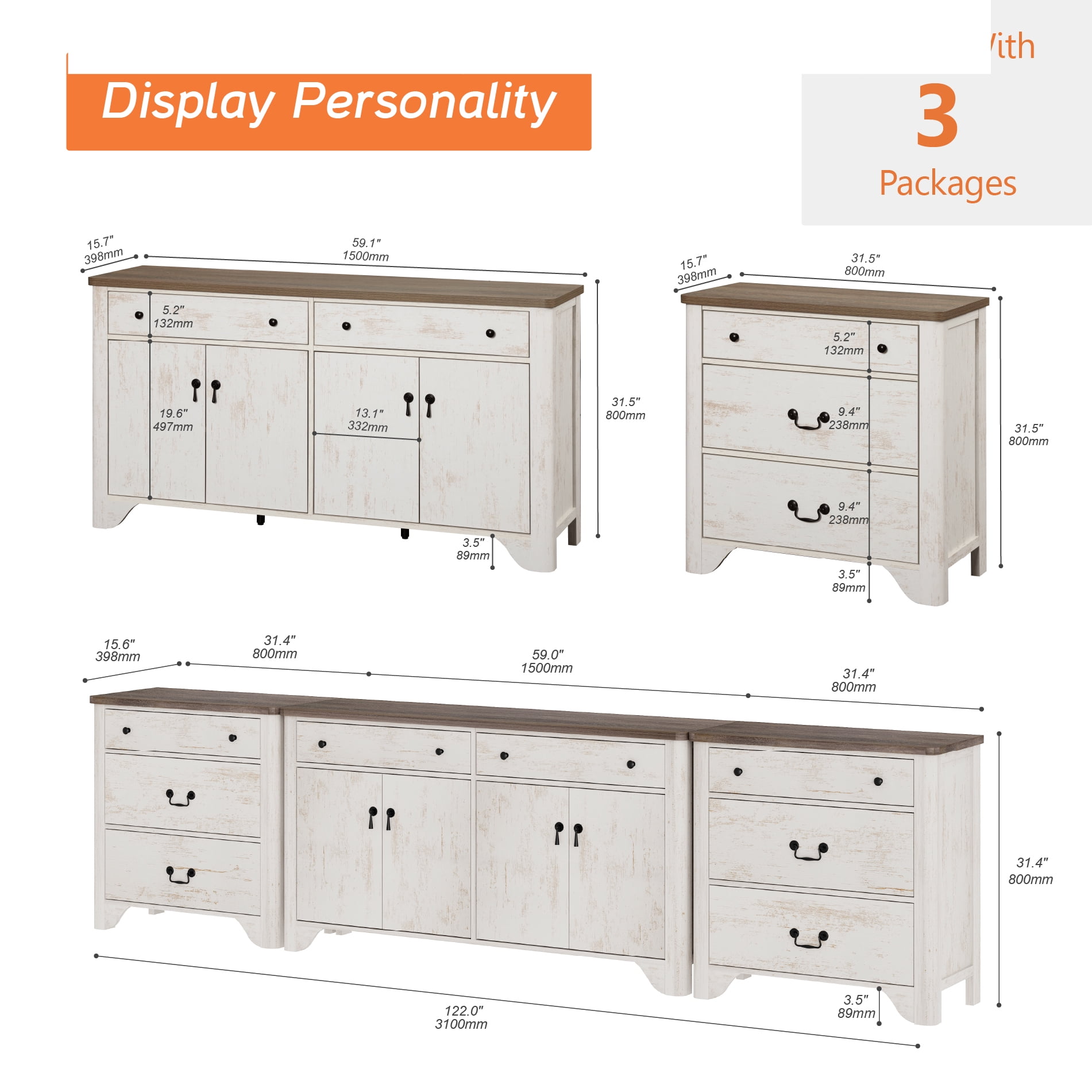 WAMPAT 59" Farmhouse Sideboard Buffet Cabinet with 3-Drawer Dresser Set of 2,Wood Coffee Bar Cabinet with Storage for Bedroom,Kitchen,Entryway,Hallway,and Living Room,White