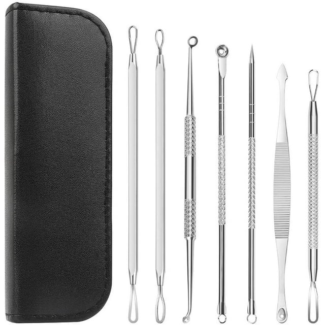 Roofei Blackhead Remover Comedone Extractor, Curved Blackhead Tweezers Kit, 11-Heads Professional Stainless Pimple Acne Blemish Removal Tools Set, Silver