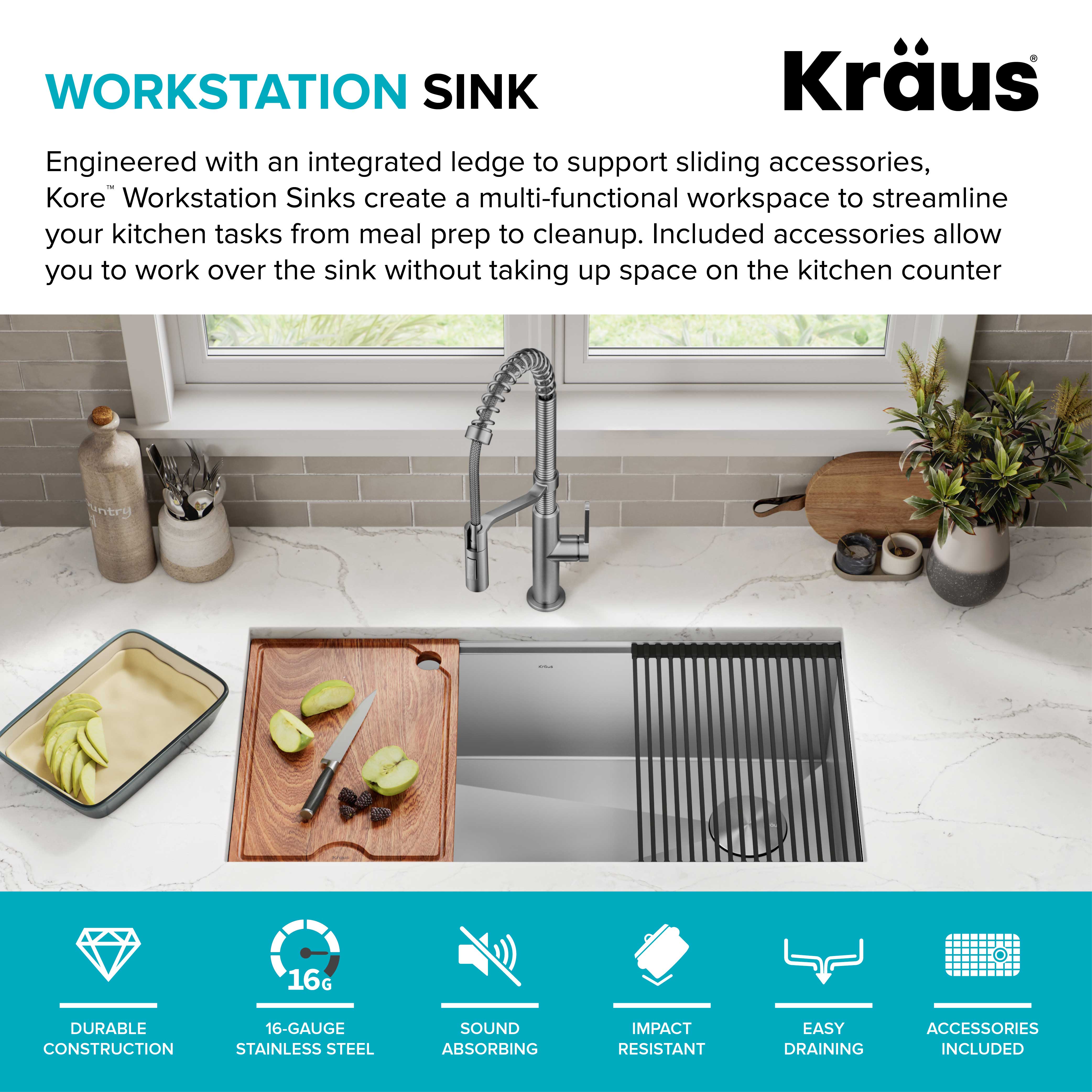 Kraus Kore36Undermount Workstation 16 Gauge Stainless Steel Single Bowl Kitchen Sink with Accessories - image 4 of 15