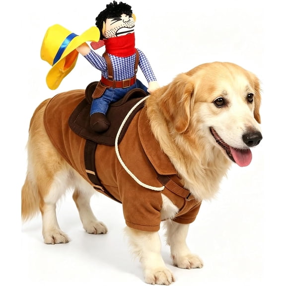 Doggy Dog Rider, Cowboy Rider Dog Costume Clothes with Doll Hat Breathable Knight Style Design, Puppy Riding Pets Costumes Creative Fairy for Christmas Halloween Day Pet Cosplay (Brown, Large)