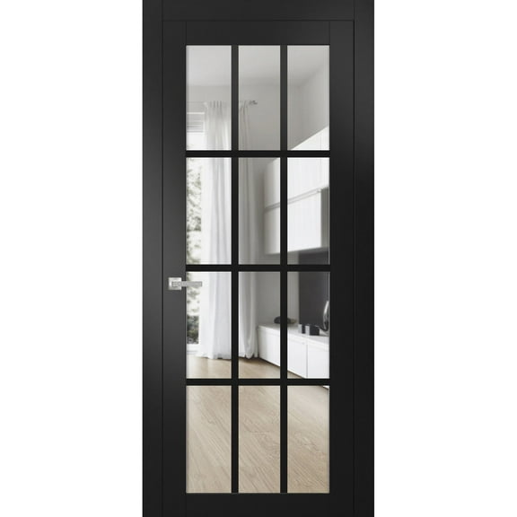 Solid Interior French Pre-Hung Door | Felicia 3355 Matte Black with Clear Glass | Single Regular Panel Frame Trims Handle | Bathroom Bedroom Sturdy Doors -18" x 84"