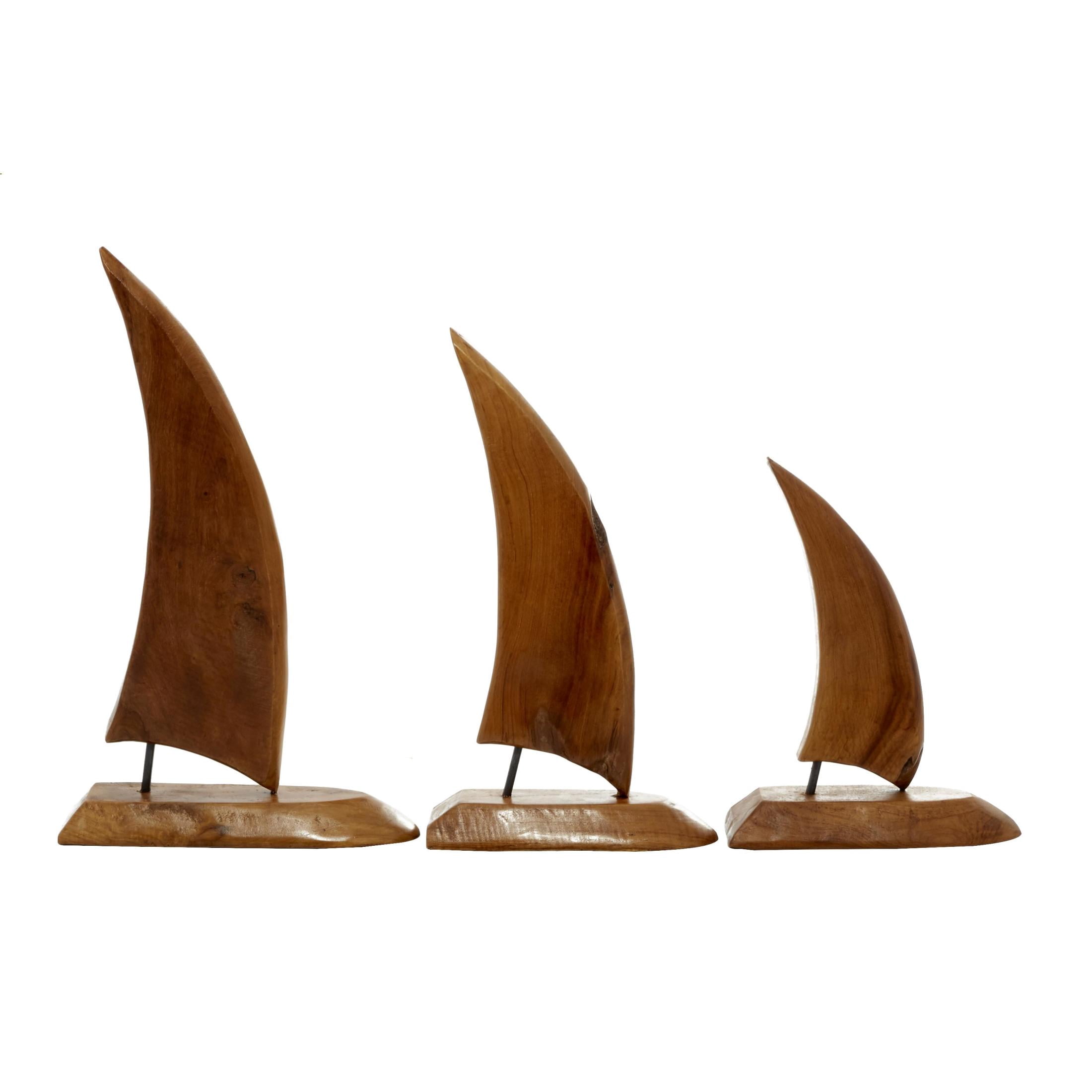 20", 17", 13"H Brown Teak Wood Handmade Sail Boat Sculpture, by DecMode (3 Count)