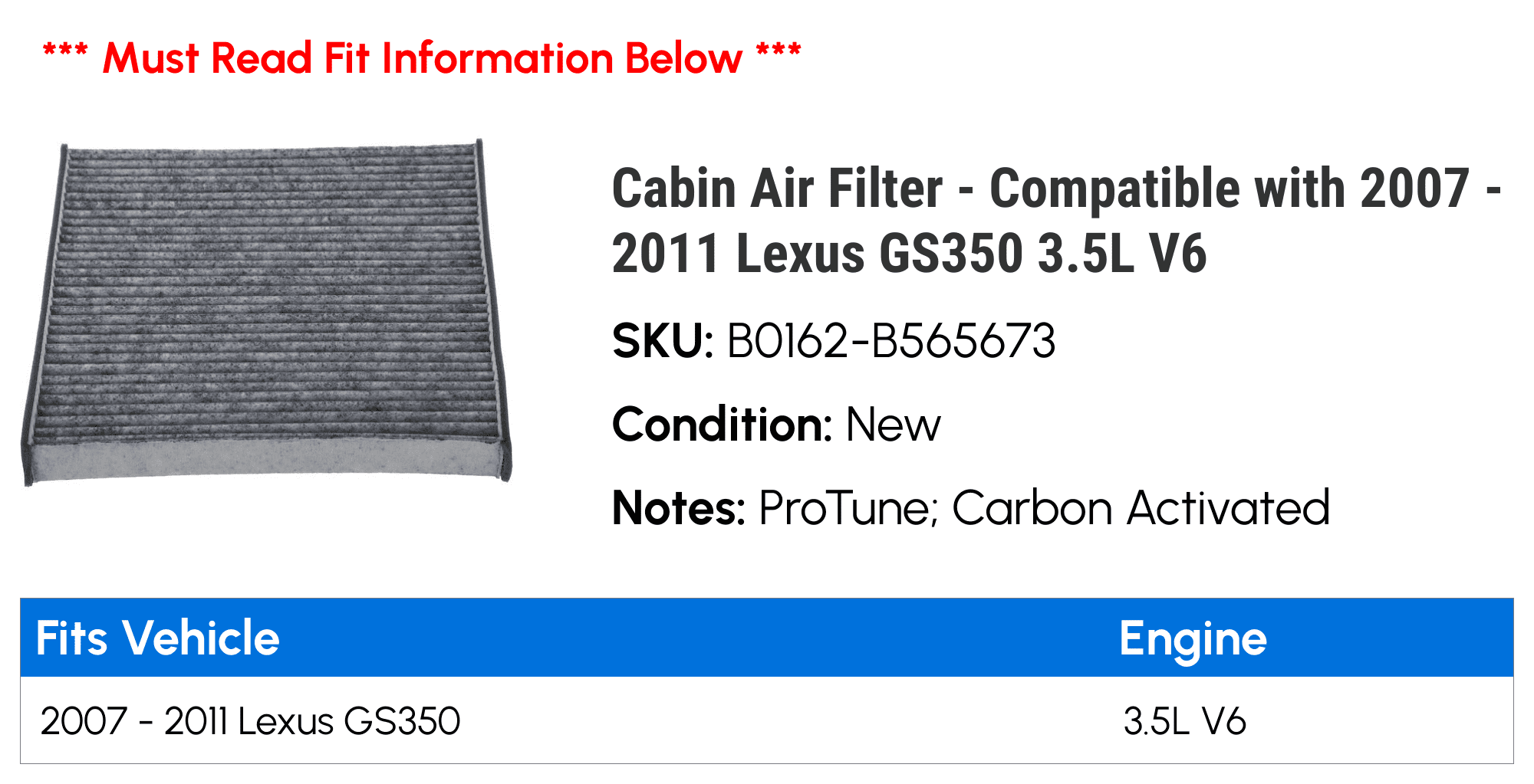 Cabin Air Filter - Compatible with 2007 - 2011 GS350 3.5L V6 2008 2009 2010
