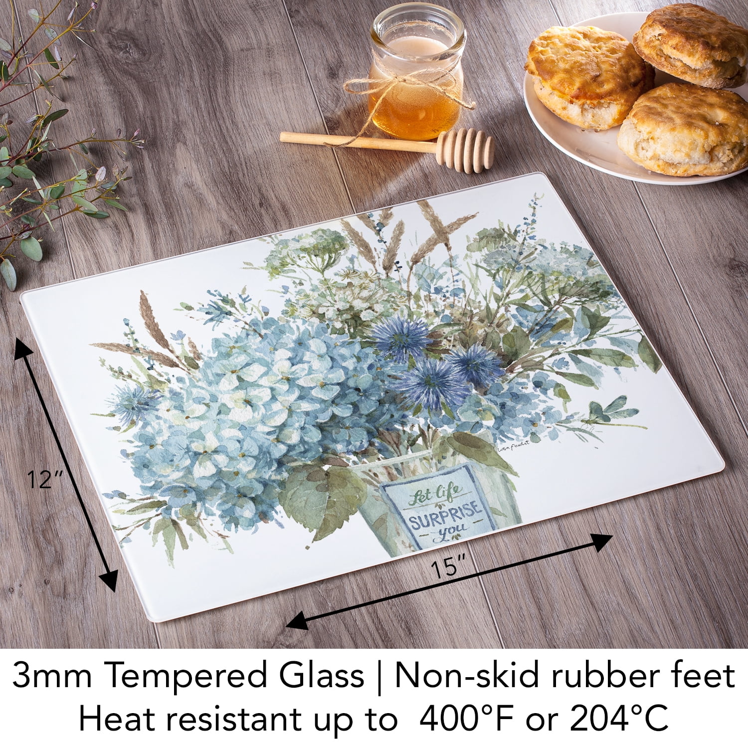CounterArt Blue Floral 3mm Tempered Glass Cutting Board 15" by 12"