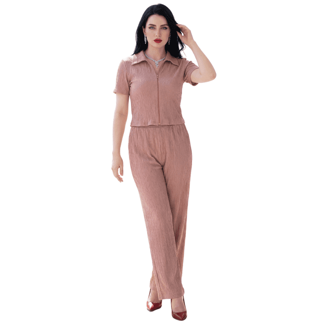 Conjunto Mujer 2 Piezas Blusa y Pantalón | Set Casual Elegante Texturizado | Blusa con Cierre y Cuello