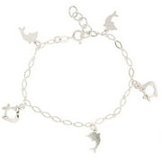 CZ Sterling Silver Flat Dolphin and Fish Charm Bracelet, 6