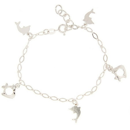 Pori Jewelers CZ Sterling Silver Flat Dolphin and Fish Charm Bracelet, 6
