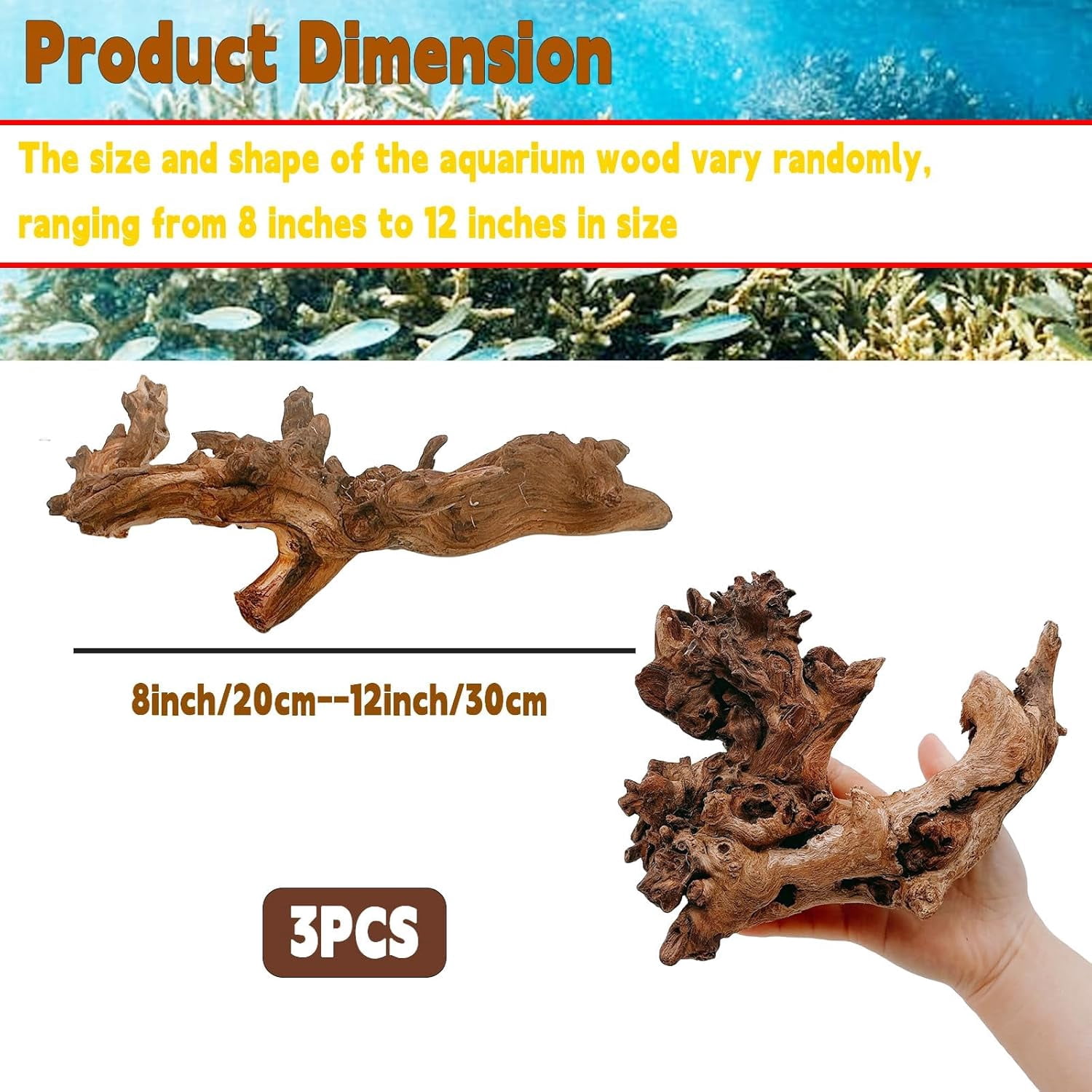 Aquarium Driftwood 3PCS Natural Trunk Driftwood Assorted Branches 8-12" Reptile Wood Decor Terrarium Ornament Fish Tank Decoration