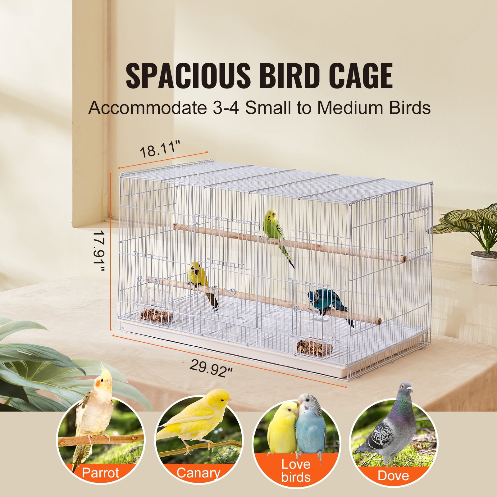 KFFKFF 30"x18" White Bird Cage, Compact Metal Parakeet Enclosure with Perches & Food Containers for Small Birds