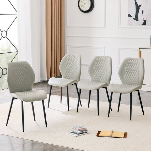 Dining Chair Set of 4, Light Gray Diamond-quilted PU Kitchen Chairs with Black Metal Legs, for Living Room, Dining Room