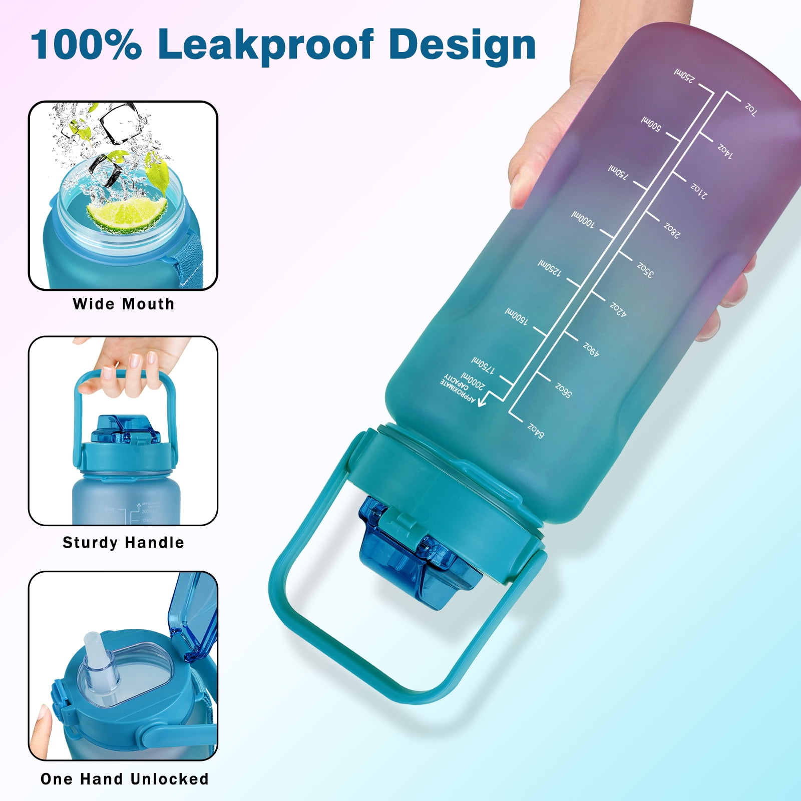 Blue Marble 64 Oz Water Bottle with Sleeve - BPA Free Leakproof Sport Large Plastic Water Bottle with Straw & Time Marker & Insulated Neoprene Holder Carrier Bag Great Gift for Women Men