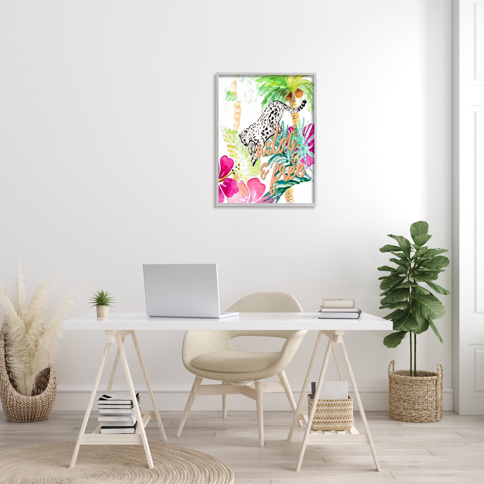 Stupell Industries Wild and Free Cheetah Palms Pink Hibiscus Floral Animals & Insects Painting Gray Framed Art Print Wall Art, 24 x 30