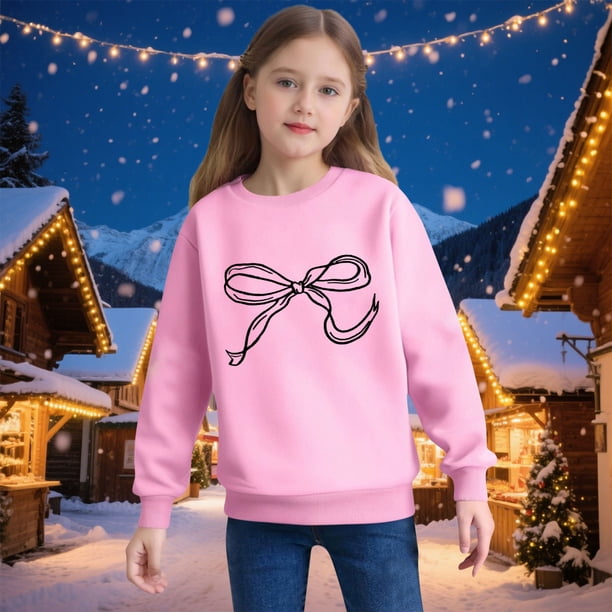 Sudadera infantil de poliéster con cuello redondo, hombros caídos, manga larga, estampado de lazo y capucha.