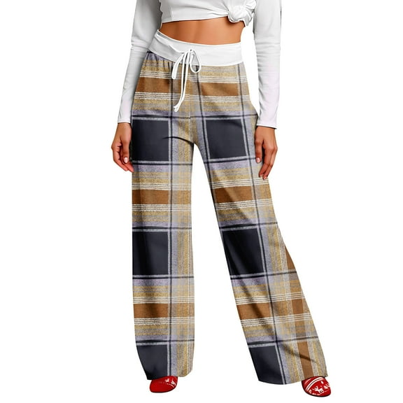 Women Winter Soild Color Pants Full Length Long Trousers Sports Pants with Plaid Print and Drawstring for Everyday Casual Style,Light Brown,S