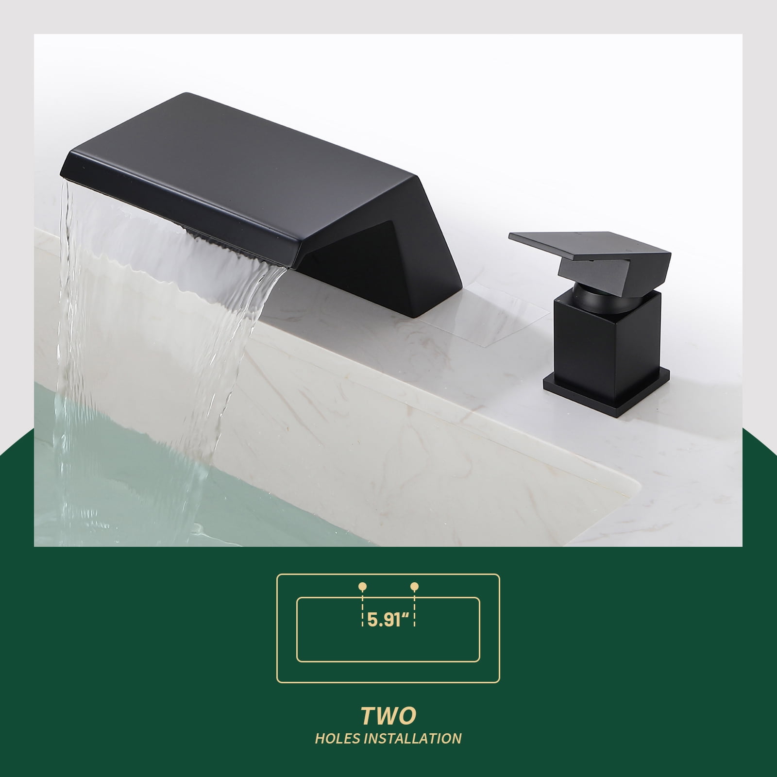 Cobbe Single Handle 2-Hole Mount Bathroom Sink Faucet with Wide Waterfall Spout Matte Black
